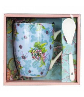 Taza cerámica con cuchara enesco flores