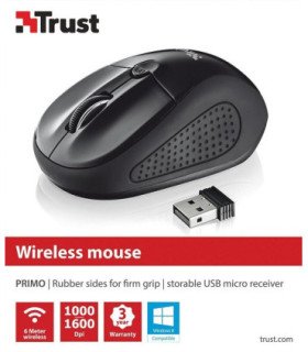 TRUST WIRELESS OPTICAL MOUSE PRIMO  - BLACK (SENSOR OPTICO DE 1.000 - 1.600 PPP REALES)